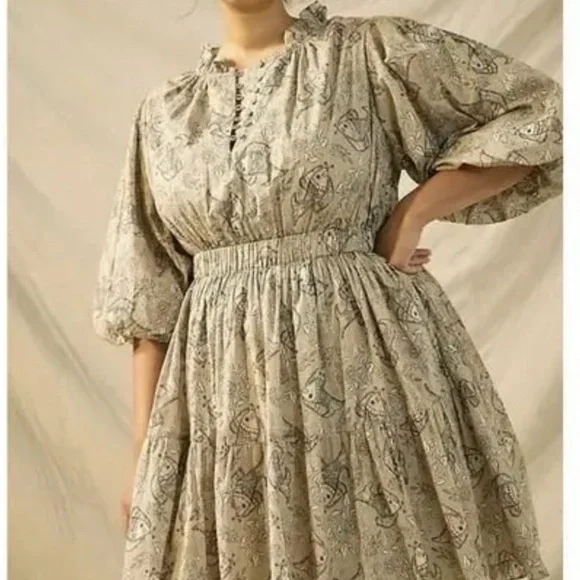 ANTHROPOLOGIE FISH PATTERN DRESS in tan - Picture 2 of 5